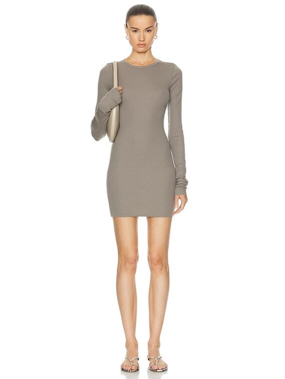 ÉTERNE Long Sleeve Crewneck Butter Rib Mini Dress – Heather Grey XS